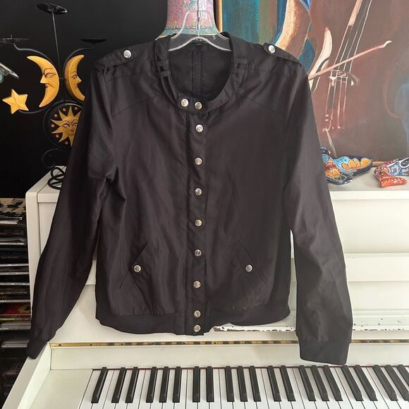 Y2K Elegant Black Bomber Jacket with Silver Buttons by Coupé M - Picture 8 of 16